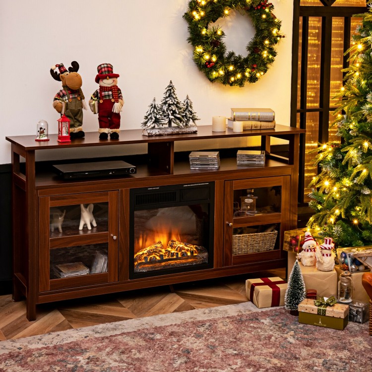 58-inch brown TV stand with 2 cabinets and open shelves, perfect for living room decor and accommodating up to 65" TVs.