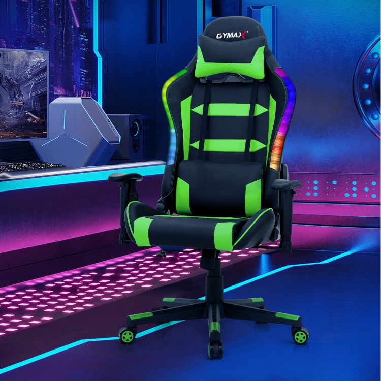 Ergonomic adjustable gaming chair in green with RGB LED lights, designed for comfort during gaming and work.