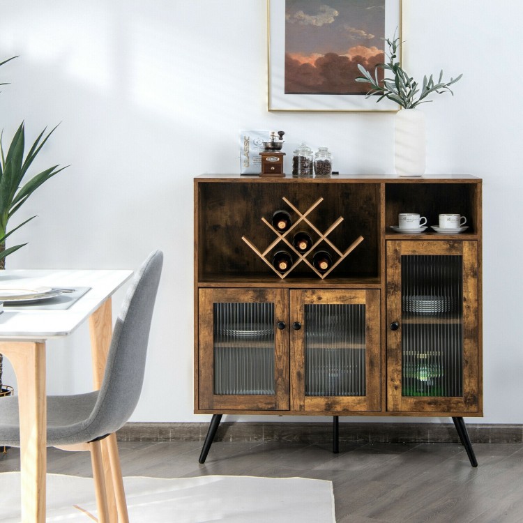 Rustic brown buffet kitchen storage cupboard with glass doors, adjustable shelves, and industrial style for versatile.