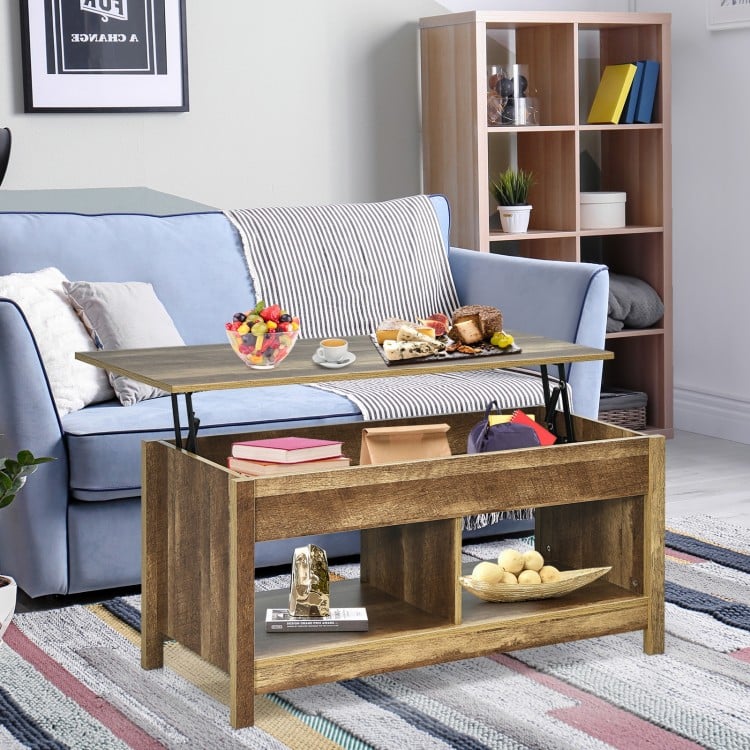 Lift top coffee table with natural wood finish, showcasing hidden storage and lower shelf for organized essentials in.