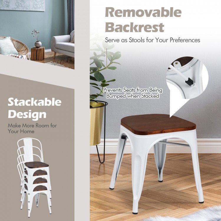 Set of 4 Tolix style metal dining chairs with white frame and elm wood seat, stackable design for easy storage.