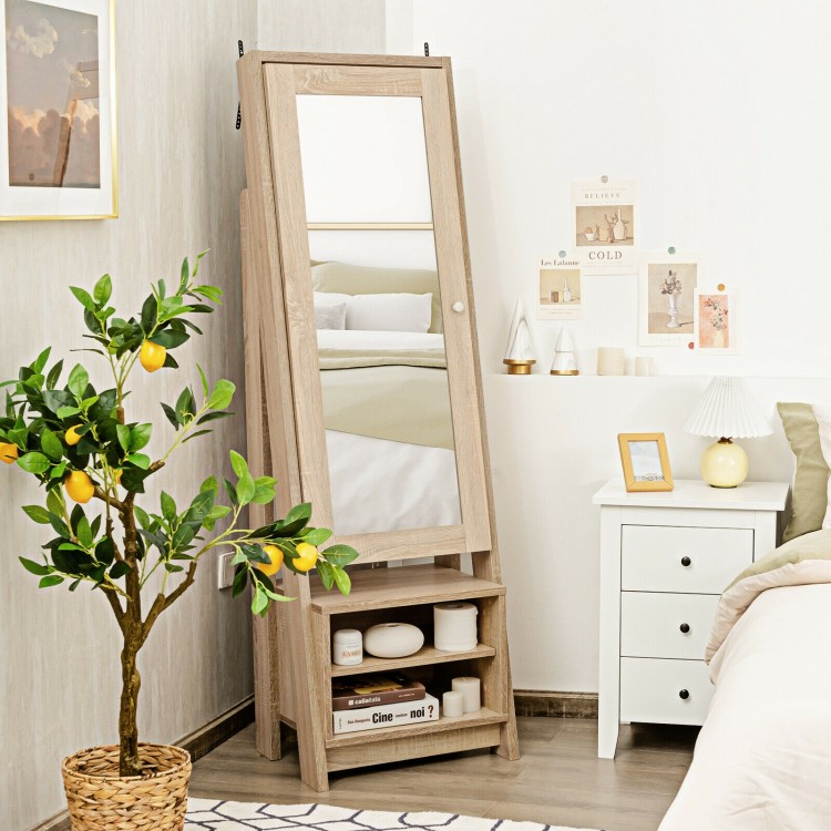 Freestanding wooden cosmetics storage cabinet with full-length mirror and bottom rack, perfect for jewelry organization.