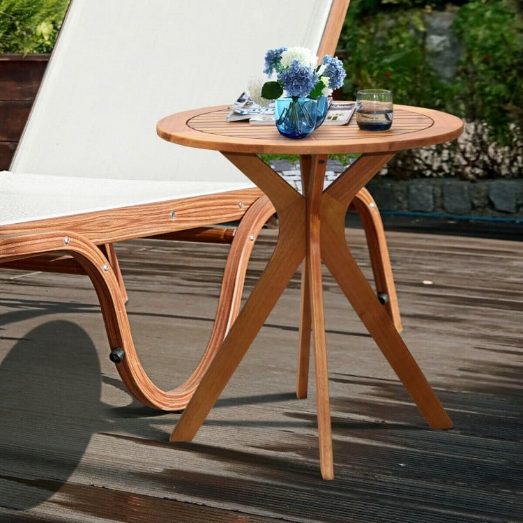 27-inch round solid wood bistro table with X-shaped legs, varnished for waterproofing, ideal for outdoor or indoor use.