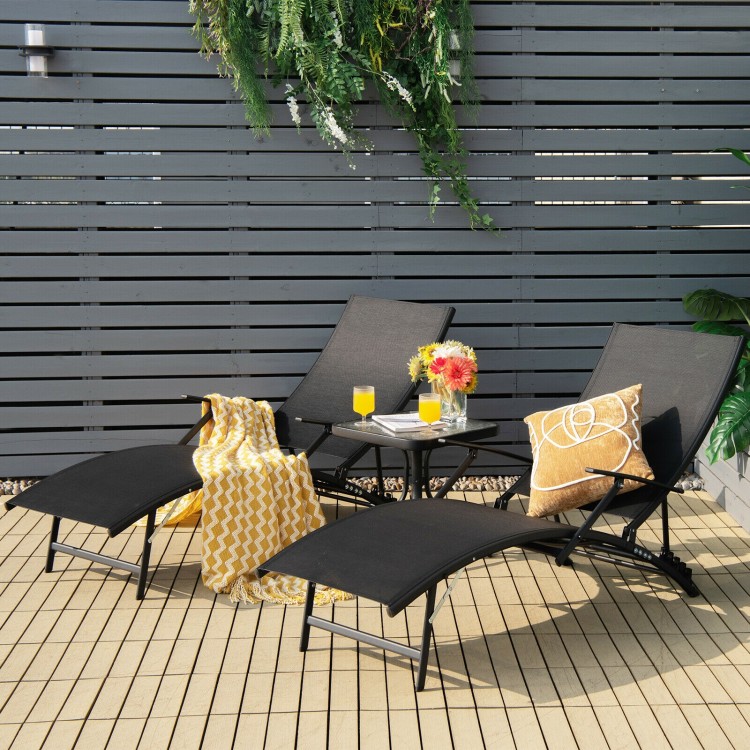 Black folding stackable chaise lounge chairs with armrests, featuring a 5-position adjustable backrest for outdoor.