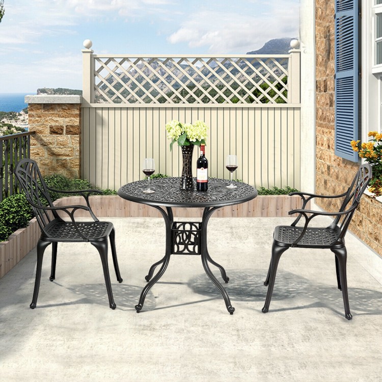 Two durable aluminum dining chairs with armrests, featuring a hollow out design, perfect for outdoor balcony or garden.