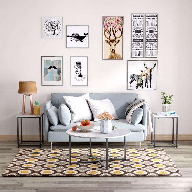 Round faux marble coffee table set with X-shaped steel base, ideal for living room, bedroom, or office use.