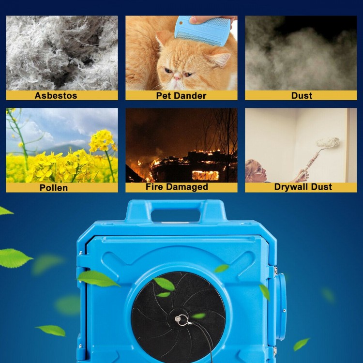 Industrial air scrubber with HEPA filter, designed for removing dust, pollen, and pet dander in large areas.