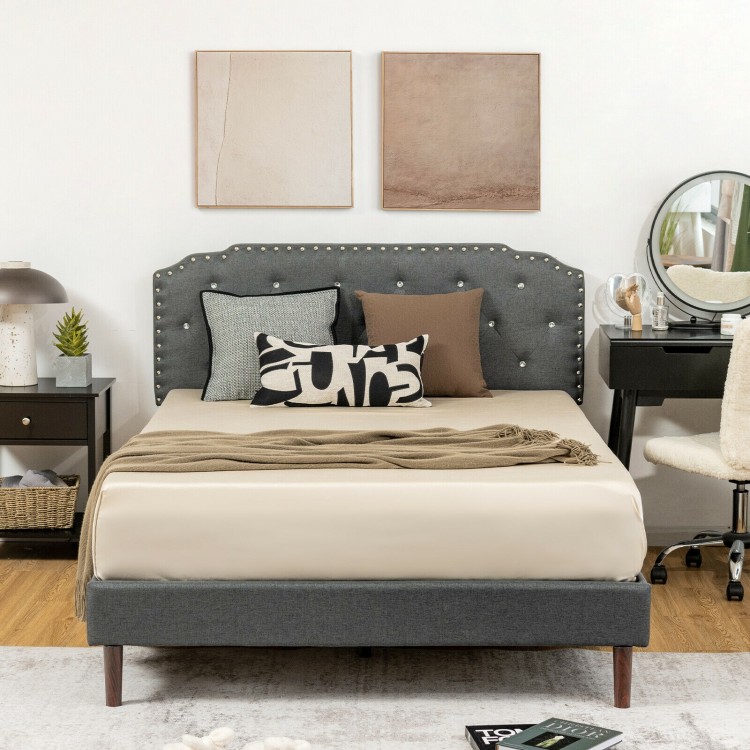 Upholstered full-size bed frame with adjustable diamond button headboard, featuring a stylish design and sturdy.