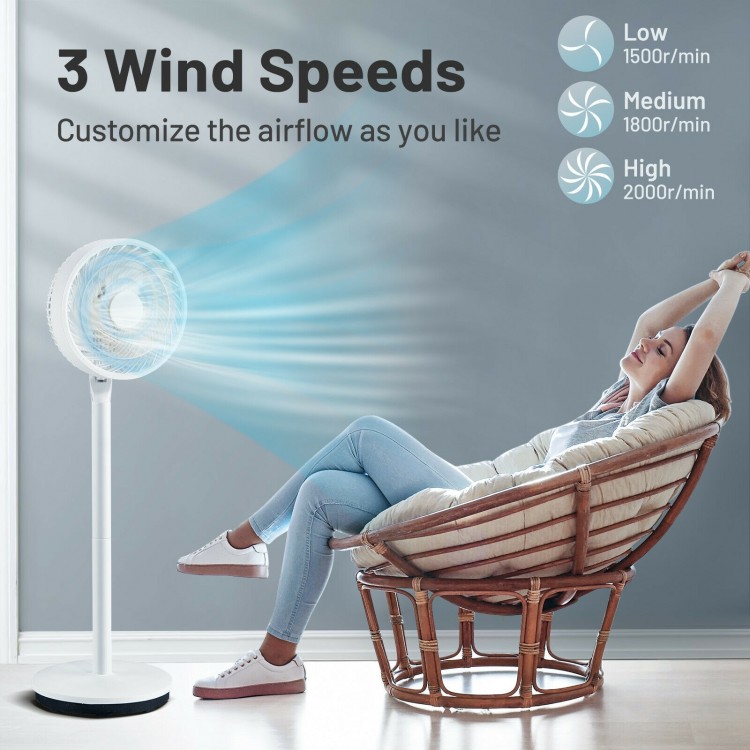 Portable 9-inch oscillating pedestal fan in white with adjustable height, 3 speeds, and remote control for easy airflow.