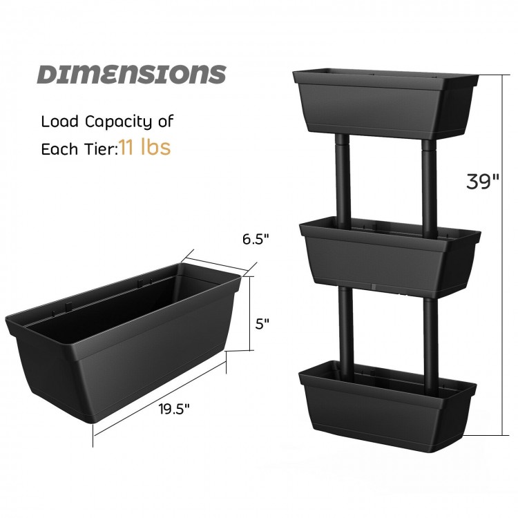 3-tier vertical plant stand with three large black pots, ideal for gardening, featuring drainage holes and durable PP.