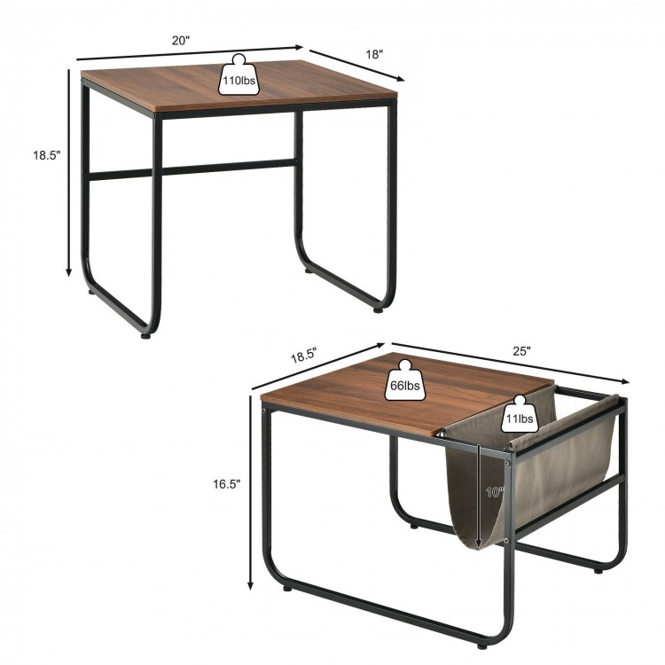 Nesting coffee tables in rustic brown with side pocket, featuring a wide tabletop and sturdy steel frame for versatile.