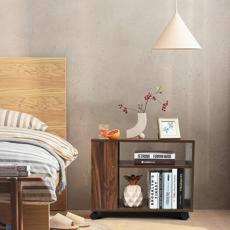 3-tier multifunctional side table with wheels, made of particle board, ideal for storage in bedroom or living room.