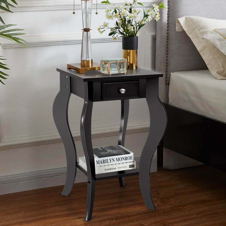 Elegant black 2-tier end table with drawer and shelf, perfect for bedroom or living room storage and decor.