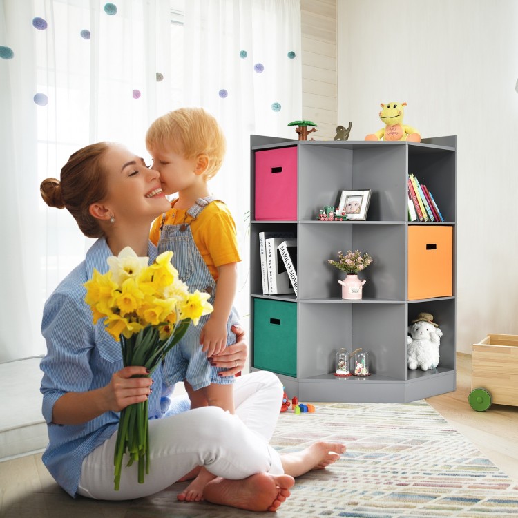 3-tier gray kids storage shelf corner cabinet with colorful baskets, perfect for organizing toys and decorations.