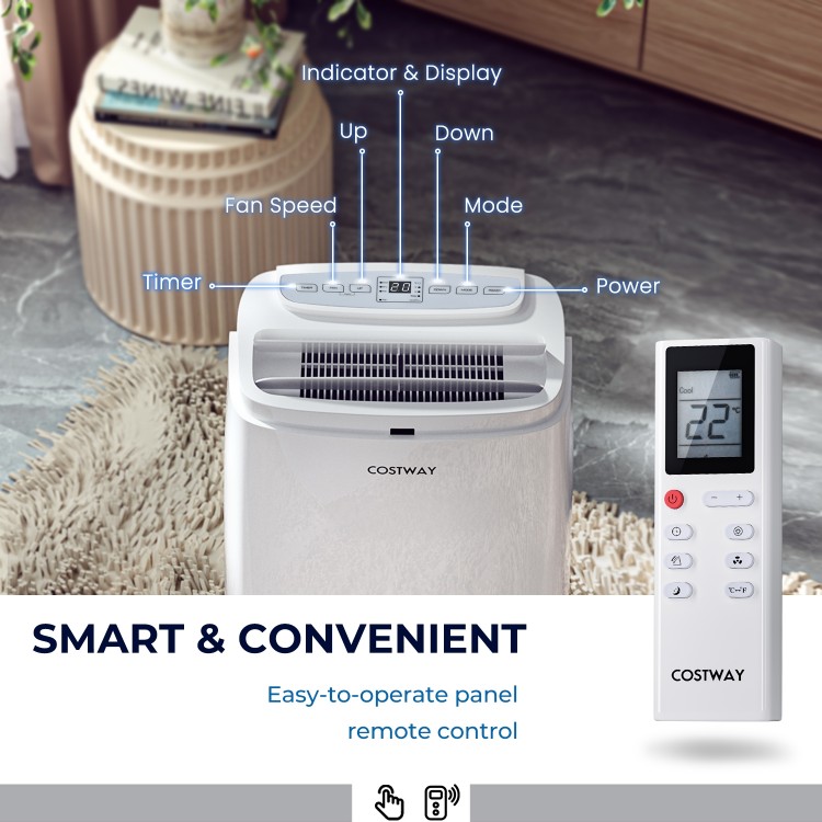 Portable 12000 BTU air conditioner with remote control and touch panel for easy operation in spaces up to 450 sq. ft.