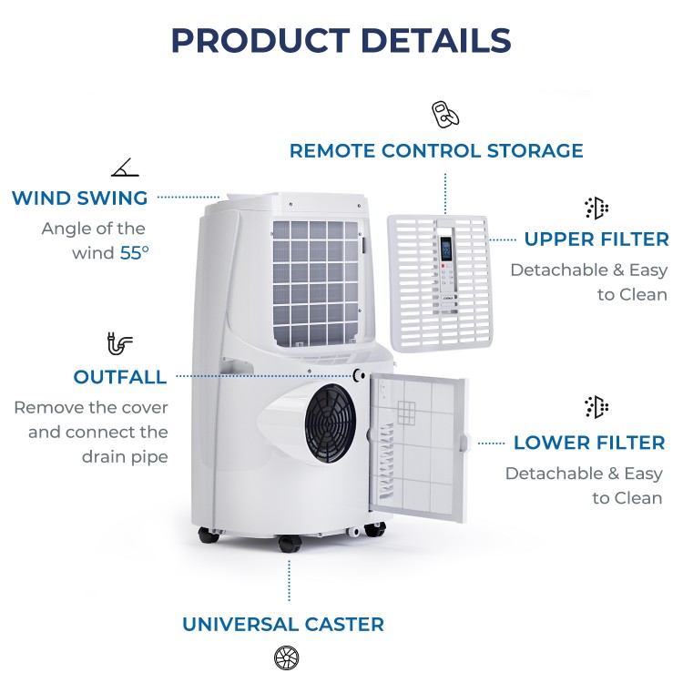 12000 BTU portable air conditioner in white with remote control, designed for spaces up to 450 sq.ft. for effective.
