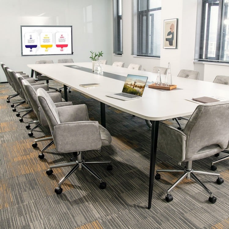 Adjustable gray office chair with armrest, featuring a modern design and 360° swivel for comfortable meetings.