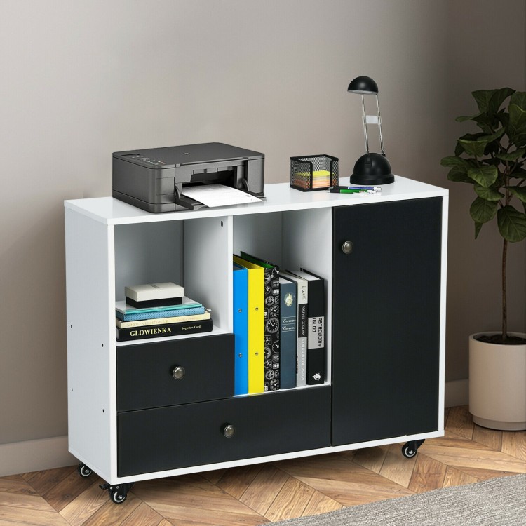 Lateral mobile filing cabinet with 2 drawers, black finish, featuring open shelves and wheels for easy mobility.