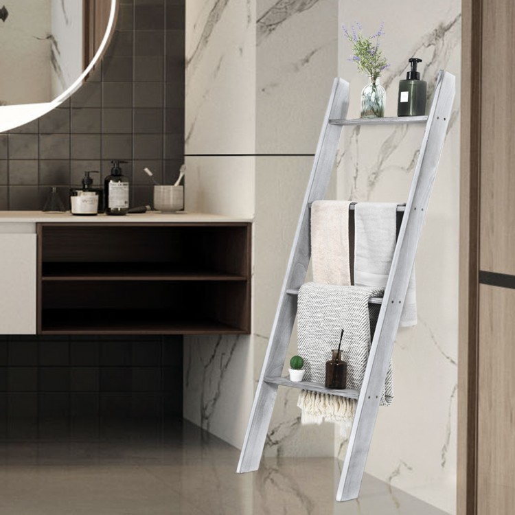 4-tier gray wall leaning ladder shelf made of pine wood, ideal for storing blankets and toiletries in any room.