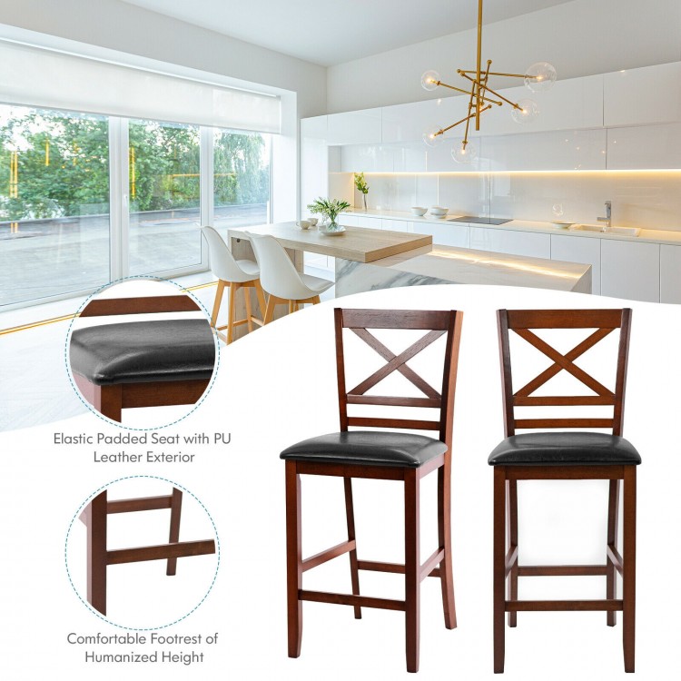 Set of 2 wooden bar stools with PU leather seat, 25-inch height, ergonomic backrest for comfort in kitchen or dining.