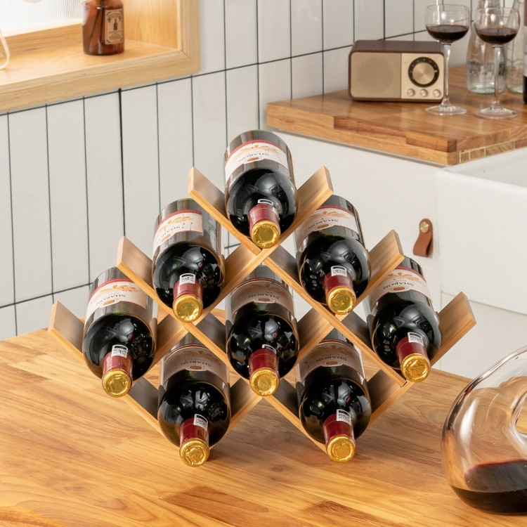 Bamboo wine rack displaying 8 bottles in a unique butterfly shape, perfect for stylish wine storage on countertops.
