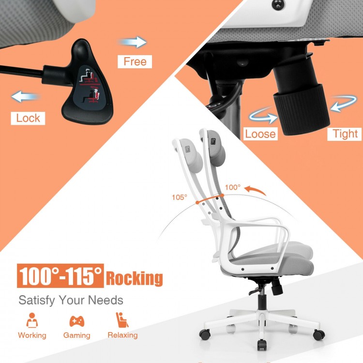 Adjustable mesh office chair with heating support headrest, featuring a 100°-115° rocking backrest for optimal comfort.