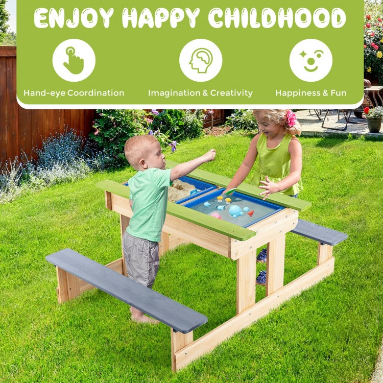 3-in-1 outdoor wooden kids water sand table with detachable play boxes, ideal for backyard fun and creativity.