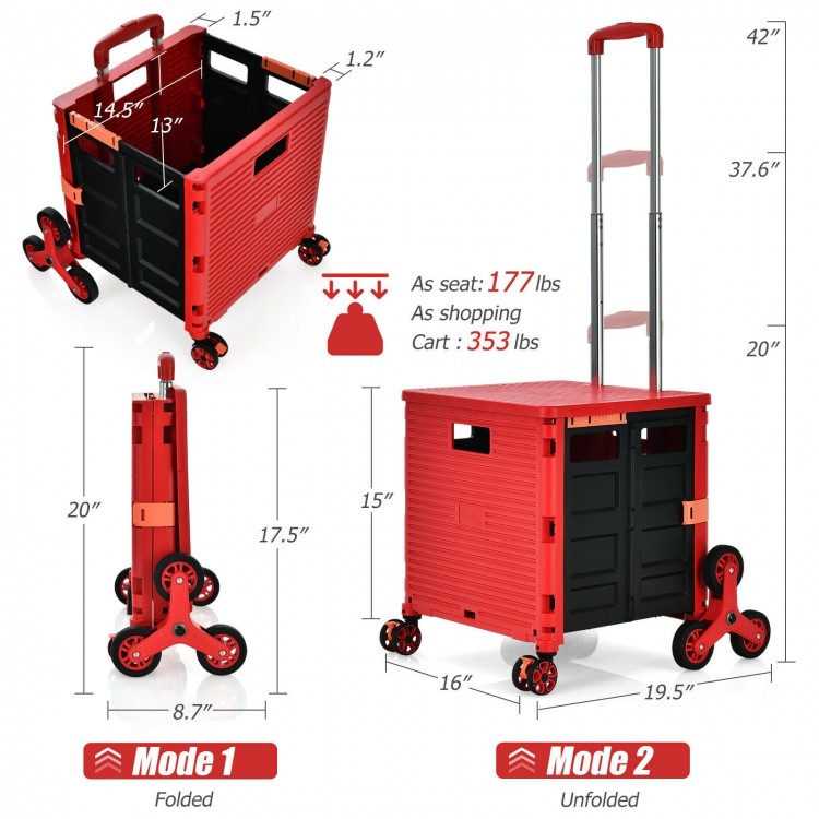 Foldable utility cart in red, featuring tri-wheels for stairs, adjustable handle, and compact storage for shopping and.