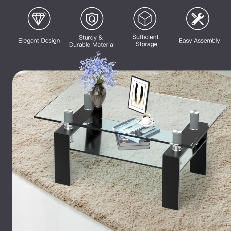Rectangle glass coffee table with metal legs, double-tier design, and modern look for living room storage and style.