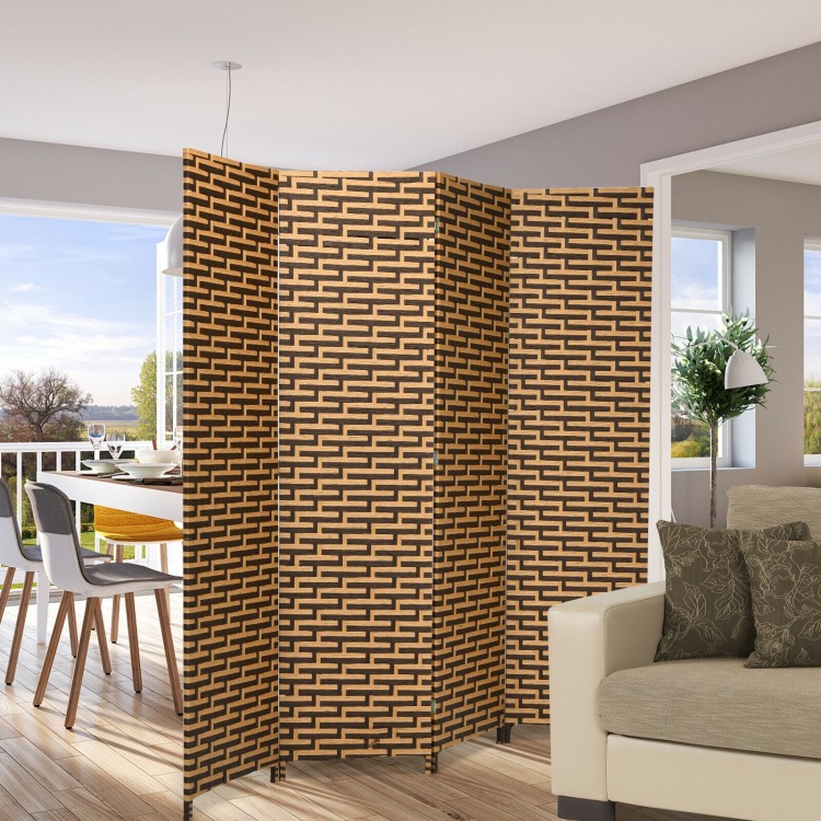Four-panel folding room divider with a hand-woven design in yellow, perfect for creating privacy in any living space.