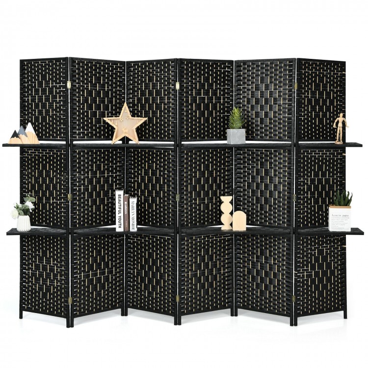 6-panel black room divider with hand-woven fiber design and 2 display shelves, ideal for creating private spaces.