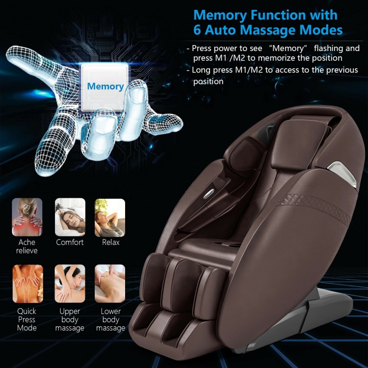 Electric zero gravity massage chair in brown with memory function and six auto massage modes for ultimate relaxation.