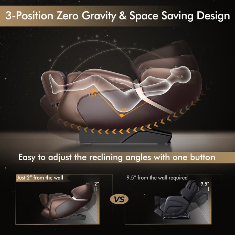 Zero gravity massage chair in brown with one-button recline, 2'' wall clearance, and full body air massage features.