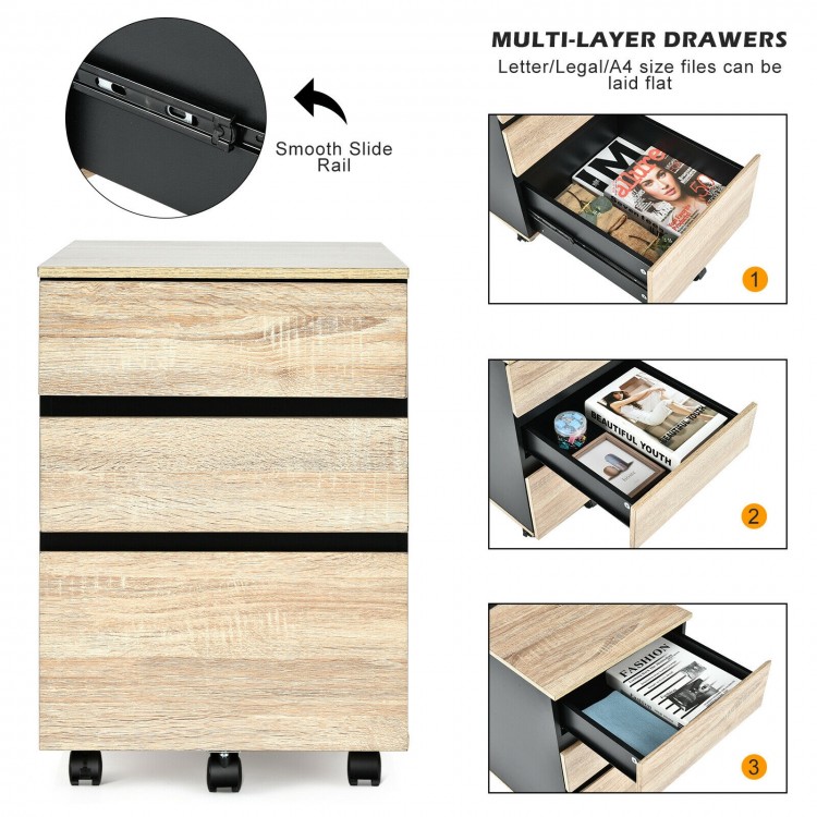 3-drawer mobile file cabinet in engineered wood with smooth slides, ideal for office storage and easy mobility on.