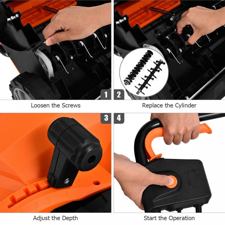 Loosening screws and adjusting depth on the 13 Inch 12 Amp Electric Scarifier with collection bag for efficient lawn.