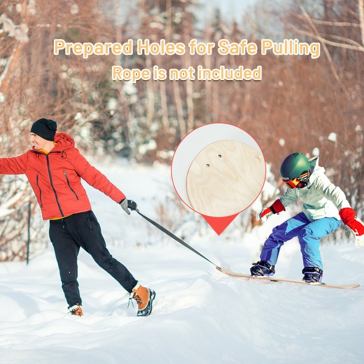 Snowboard with adjustable foot straps and pulling holes, made of sturdy wood, ideal for kids' winter sports fun.