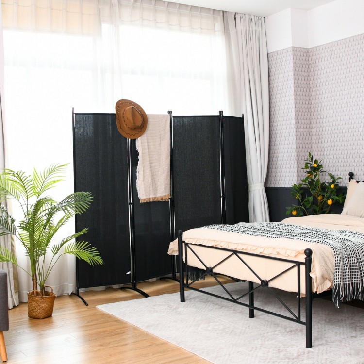 4-panel black room divider with a sturdy steel frame, perfect for creating privacy in living rooms or patios.