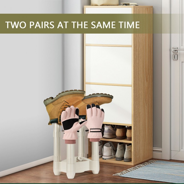 Electric shoe and boot dryer with four brackets, drying two pairs simultaneously for convenient shoe care.