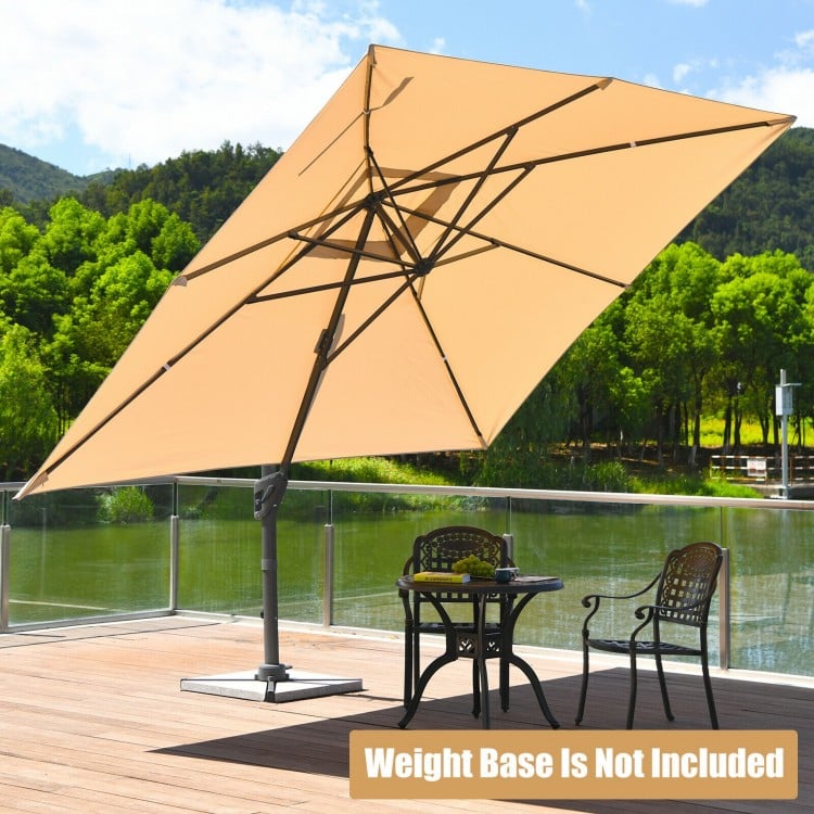 Beige 10x13 feet rectangular cantilever umbrella with 360° rotation, ideal for gardens and backyards.