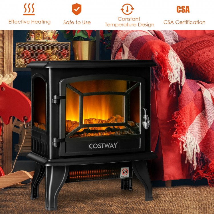 Freestanding black electric fireplace heater featuring an openable door, realistic flame effect, and compact design for.
