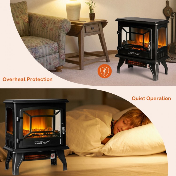 Freestanding black electric fireplace heater with realistic flame effect, adjustable thermostat, and quiet operation.