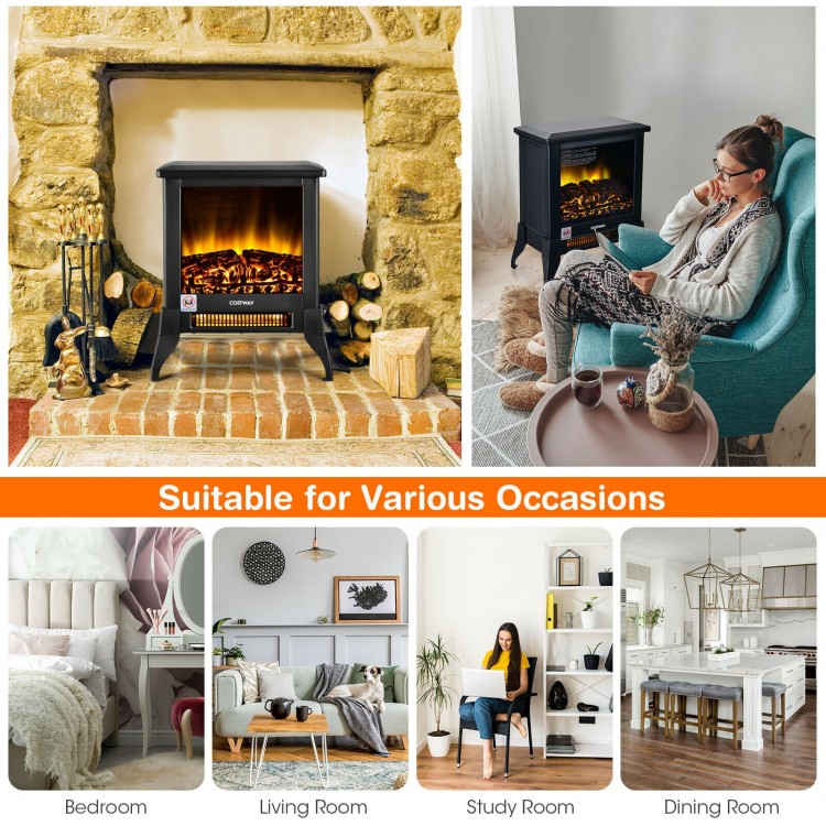 Compact portable space heater in black with realistic flame effect, ideal for cozying up living rooms and bedrooms.