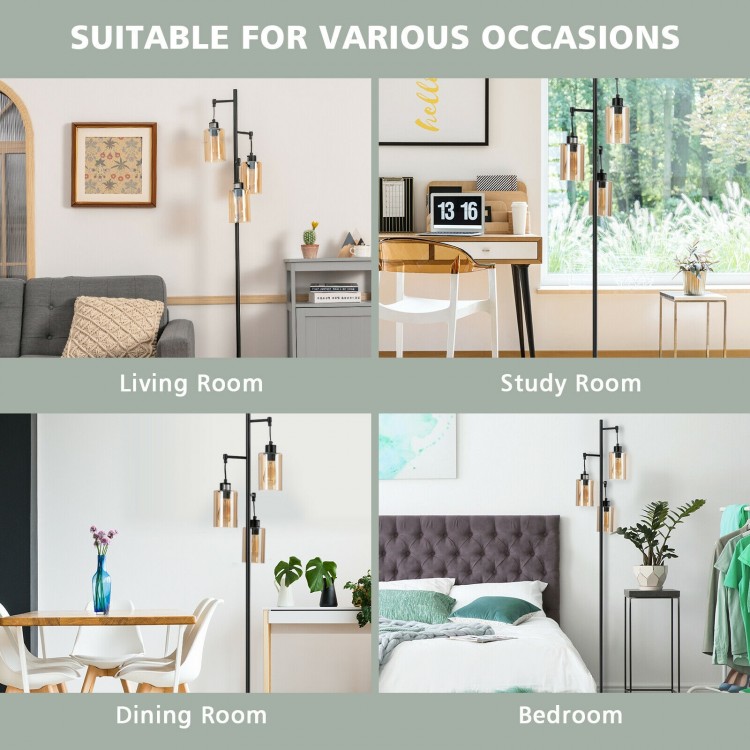 Retro floor lamp with 3-head amber glass shades, perfect for living room, dining room, or bedroom lighting.
