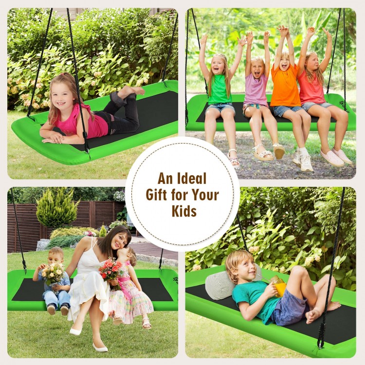Giant green platform tree swing with adjustable height, perfect for kids to sit, play, and relax outdoors.