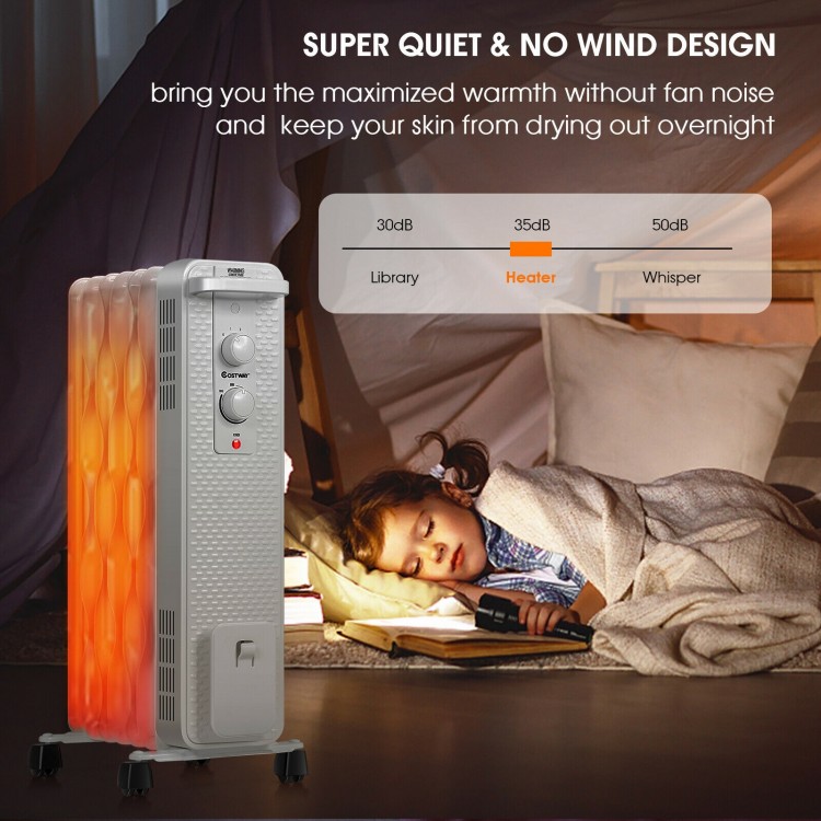 Portable 1500 W oil-filled radiator heater in white, designed for silent operation and adjustable thermostat for cozy.