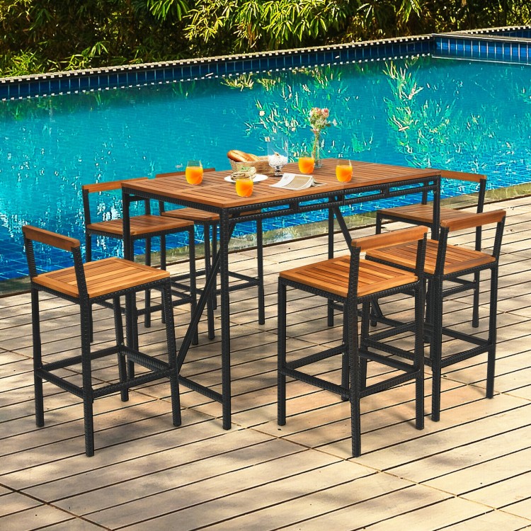 7-piece acacia wood patio rattan bar set with umbrella hole, featuring 6 stools, ideal for outdoor dining by the.