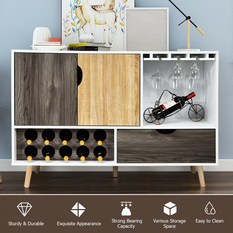 Mid-century buffet sideboard with wine rack, adjustable shelf, and storage drawer, perfect for kitchen or dining room.