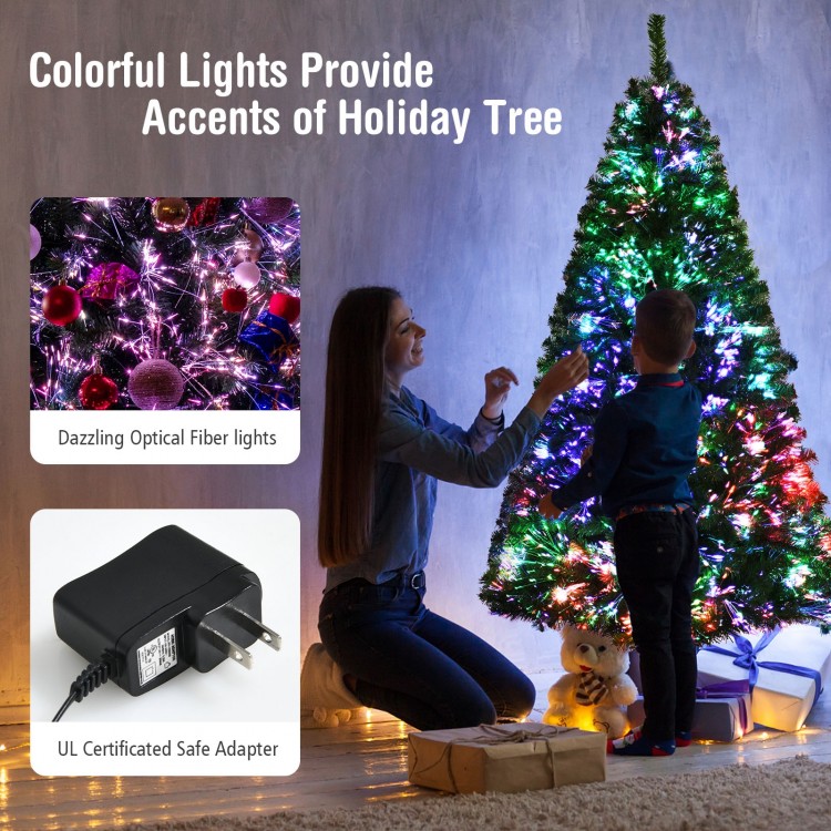 6 feet pre-lit fiber optic artificial Christmas tree with colorful lights, featuring 617 branch tips for a full look.