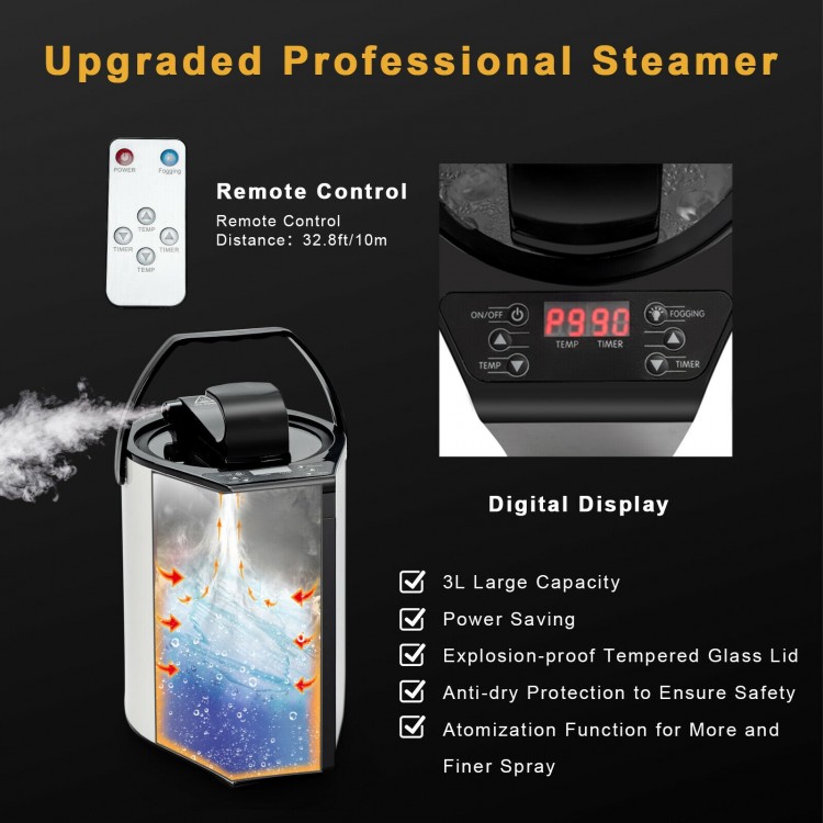 Portable personal steam sauna with 3L blast-proof steamer, remote control, and detachable chair for convenient use.