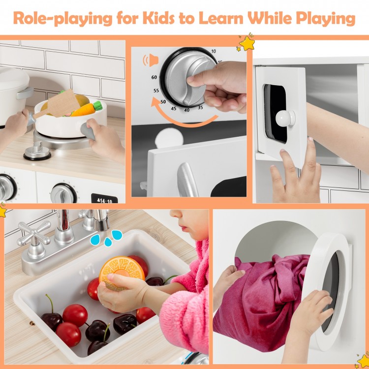 Kids kitchen playset featuring a washing machine, oven, and accessories for imaginative role-playing and learning.